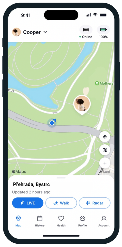 Živá poloha psa v mobilní aplikaci